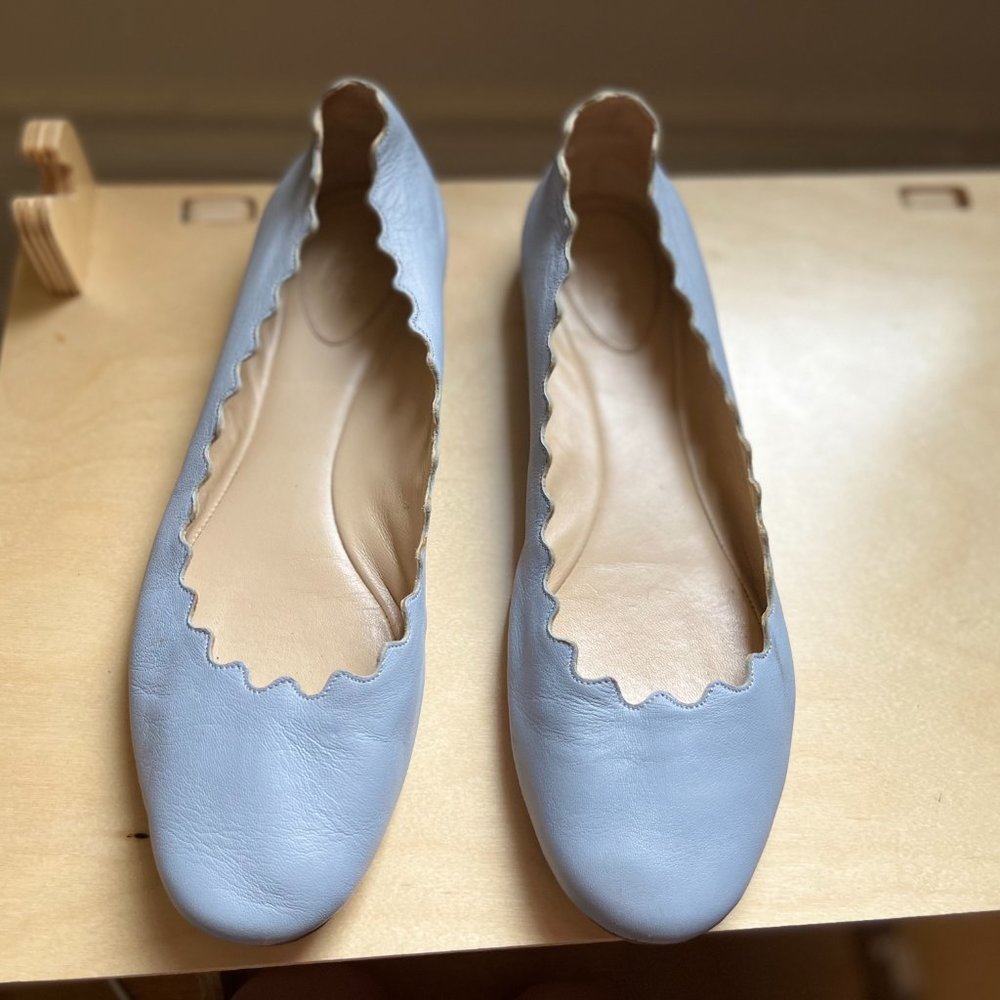 Chloé “Lauren” Scalloped Leather Ballet Flats - Light Dusty Blue